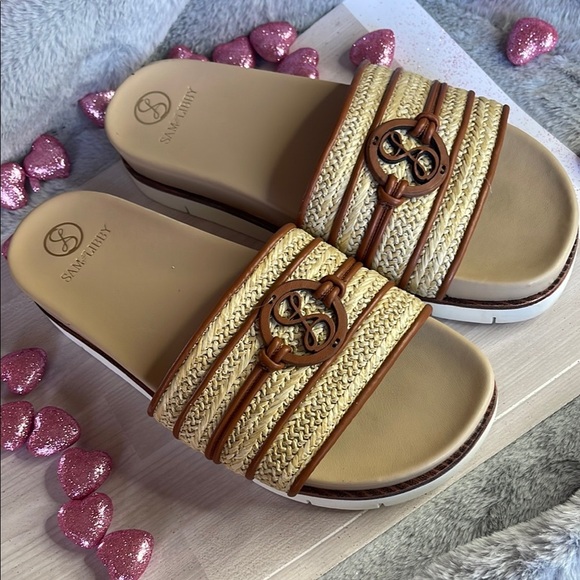 Sam & Libby Tan and Brown Slide Sandals with Woven Straps - Picture 7 of 8